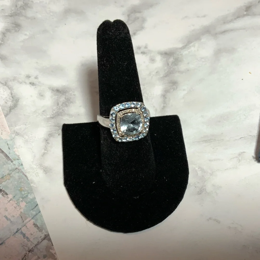 Stunning 10K Cushion-Cut Swiss Blue Topaz & Diamond Ring - Double Halo - Sz 6.75 - Picture 3 of 16